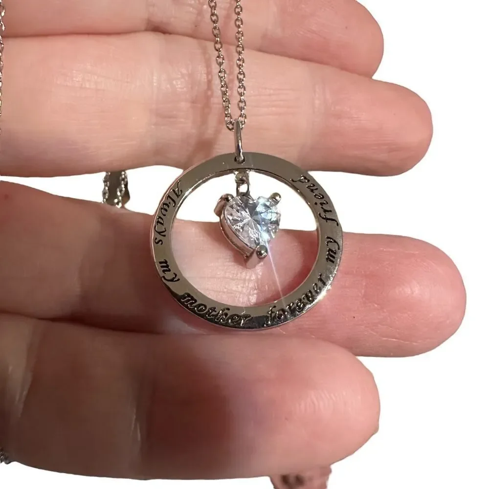 Always My Mother Forever My Friend Sterling Silver Heart CZ Necklace